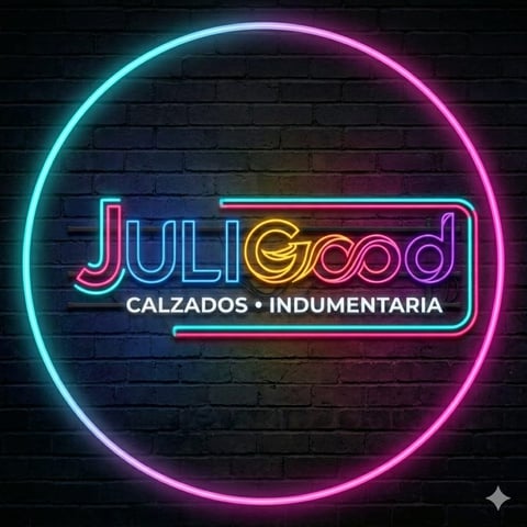 Neon sign for Juli Good shoe store with cyan and magenta glowing text